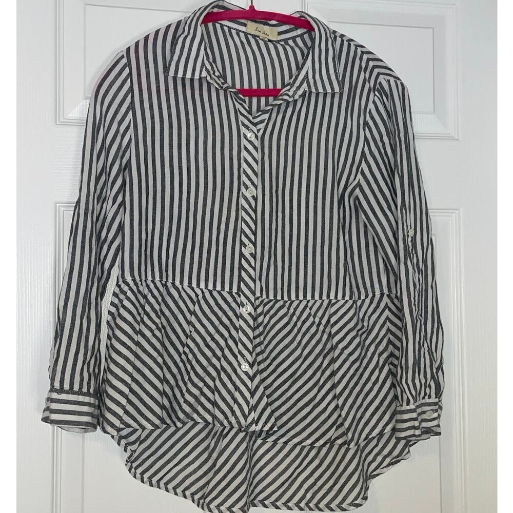 Love Notes Long Sleeved Striped Charcoal White Blouse, Size Large